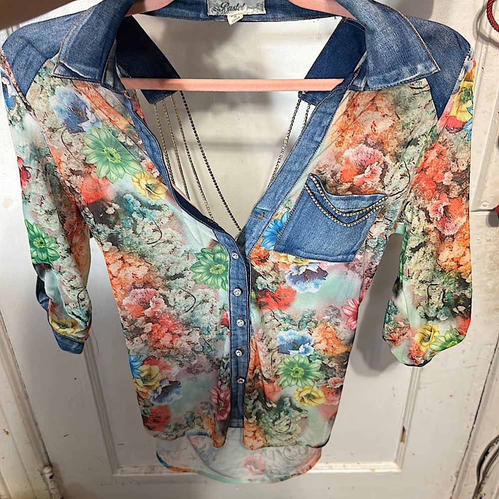 Sheer floral/denim mix top with rhinestone cross-string back